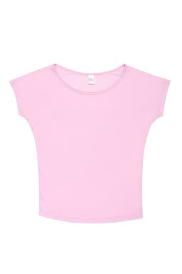 A light pink women's bat wing T-shirt with a wide neckline and short sleeves. It features a logo on the label.