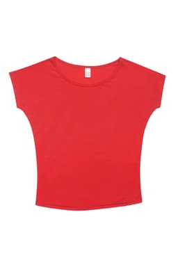 A red bat wing women's T-shirt with a wide neckline and cap sleeves, featuring a logo on the label.