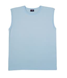 A light blue men's muscle T-shirt with a round neckline and no sleeves. It features a brand logo.