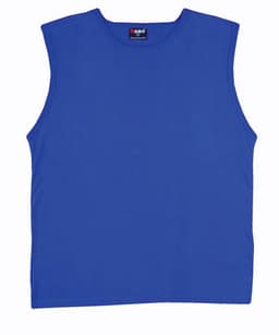 A blue men's muscle T-shirt with wide armholes and a simple design, featuring a logo on the label.