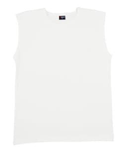 A white men's muscle T-shirt with a round neck and no sleeves, featuring a logo on the label.