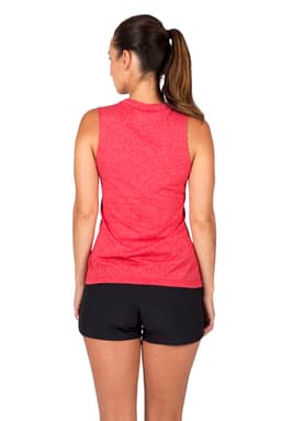 A sleeveless women's tee in a vibrant red heather design, featuring a sporty cut and fitted style.