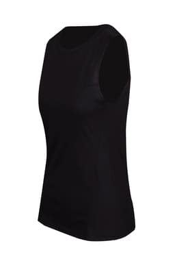 A black sleeveless women's tee from the Greatness Range with a fitted design and a subtle logo.