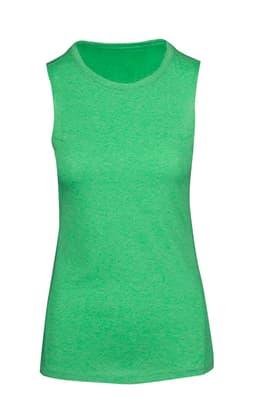 A sleeveless green women's tee from the Greatness Range, featuring a simple design and a logo.