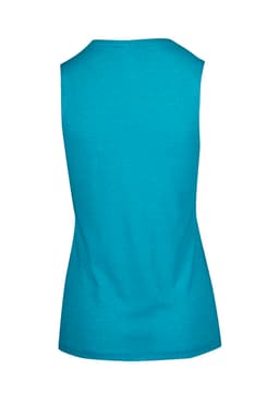 A sleeveless women's tee in a vibrant turquoise colour, featuring a smooth back design and a branding logo.