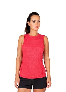 A sleeveless women's tee in heather red, featuring a sporty design and a fitted silhouette. It has a logo.