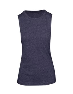 A women's sleeveless tee in dark heather grey with a fitted design and round neckline. It features a logo.