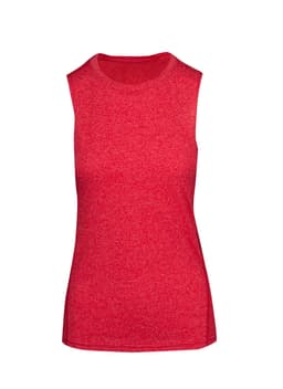 A red sleeveless women's tee from the Greatness Range, featuring a fitted design and a subtle heather texture.