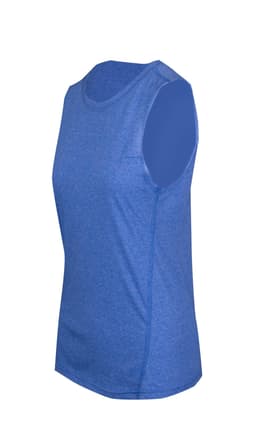 A sleeveless women's tee in blue from the Greatness Range, featuring a simple design and a logo.