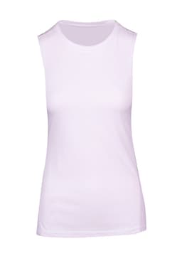 A sleeveless women's tee in white, featuring a fitted design and a branding logo.
