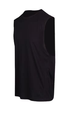A black sleeveless tee from the Greatness Range, designed for men, featuring a logo on the side.