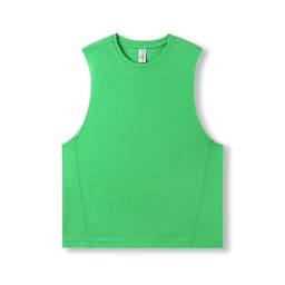 A sleeveless tee in bright green, featuring a simple design and a logo on the fabric.