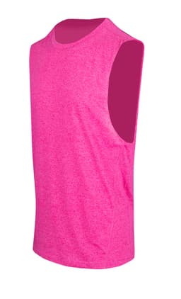 A sleeveless tee in heather pink, featuring a simple design and a logo. Perfect for casual wear or workouts.
