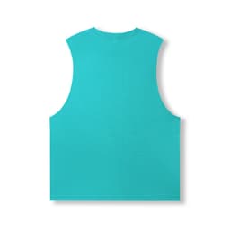 A sleeveless tee in a vibrant turquoise hue, featuring a simple design and a logo on the back.