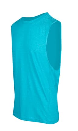 A light blue sleeveless tee from the Greatness Range, featuring a relaxed fit. It has a logo on the fabric.