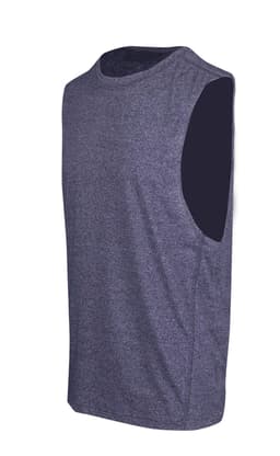 A sleeveless grey tee from the Greatness Range, featuring a simple design and a logo.