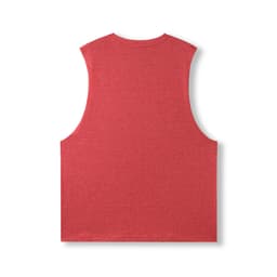 A sleeveless red heather tee shirt, featuring a back view with a simple design and branding.