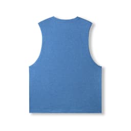 A sleeveless tee in heather blue, featuring a simple design and a logo on the back.