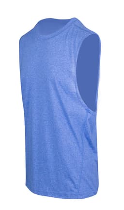 A sleeveless tee in heather blue fabric, featuring a simple design and a small logo. Suitable for casual wear.