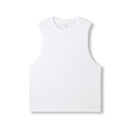 A white sleeveless tee from the Greatness Range, featuring a simple design and a logo.
