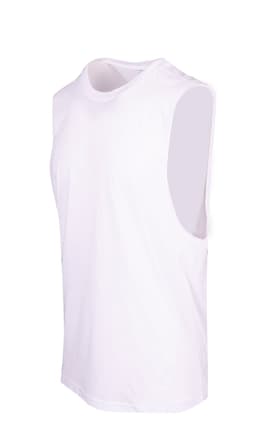 A sleeveless white tee from the Greatness Range featuring a logo. Suitable for casual wear and active use.