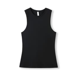 A black women's combed cotton tank top with a sleeveless design and a simple style. It features a logo tag.