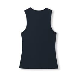A navy women's combed cotton tank top with a relaxed fit and no sleeves. Features a logo on the back.