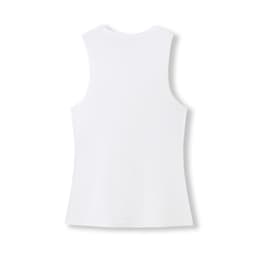 A plain white women's combed cotton tank top with a sleeveless design, featuring a logo on the back.
