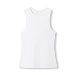 A white women's combed cotton tank top with a round neckline and no sleeves, featuring a brand logo.