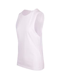 A white women's combed cotton tank top with a simple design and no sleeves, featuring a logo.