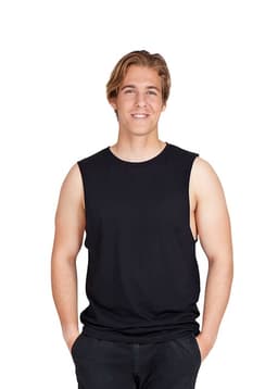 A black men's/unisex combed cotton tank top displayed on a model with a casual smile.