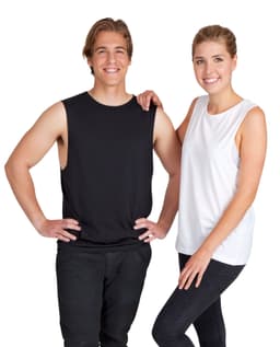A black and a white unisex combed cotton tank top displayed on models, featuring a logo.