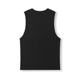 A black unisex combed cotton tank top with a sleeveless design and a plain back. Features a logo.