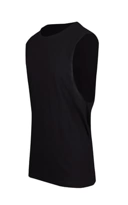 A black unisex combed cotton tank top with a simple design and no sleeves, featuring a logo.