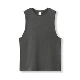 A grey combed cotton tank top with a sleeveless design and a label inside. It features a logo.