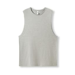 A grey unisex combed cotton tank top with a sleeveless design, featuring a logo.