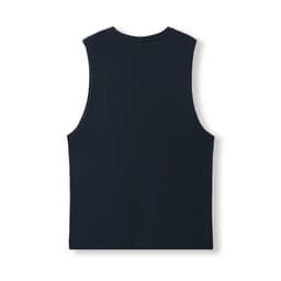 A unisex navy tank top made of combed cotton, featuring a simple design and no sleeves.