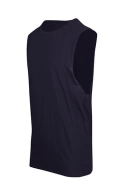A black men's/unisex combed cotton tank top with a sleeveless design and a logo on the side.