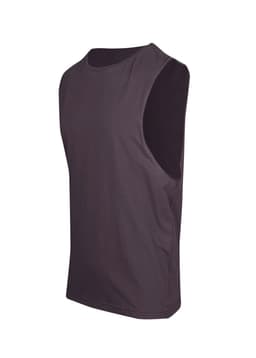A men's unisex combed cotton tank in black, featuring a simple design and sleeveless style. It has a logo on it.