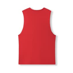 A red, sleeveless tank top made of combed cotton, with a simple design and a brand logo on the back.