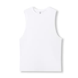 A white unisex combed cotton tank top, featuring a simple design and no sleeves. It has a logo.