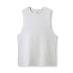 A white unisex combed cotton tank top with a sleeveless design and a branding label.