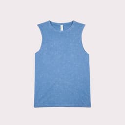 A women's stone washed tank in a light blue colour, featuring a sleeveless design and a branding label.
