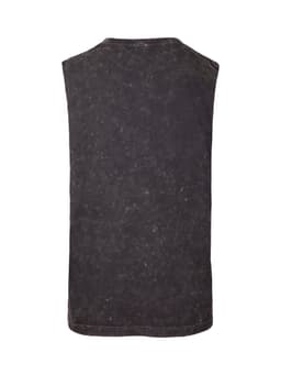 A black stone wash tank top with a sleeveless design and a simple silhouette, featuring a logo.
