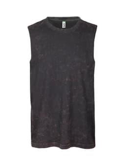 A black stone wash sleeveless tank top with a round neckline and a logo at the neck.
