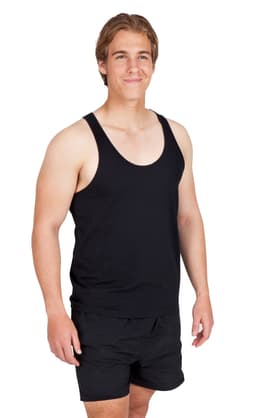 A grey T-back singlet worn by a male model, paired with a female model in a black top and leggings.