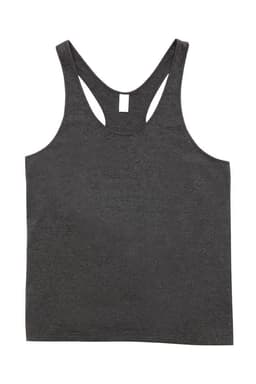 A grey men's T-back singlet with a racerback design and a logo present.