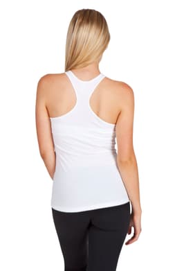 A white women's T-back singlet with a fitted design, featuring a racerback style.