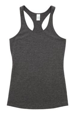 A dark grey kids' T-back singlet with a sporty design and a logo on the label.
