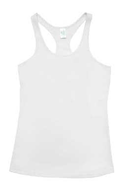 A white kids Tback singlet with a racerback design and a logo at the label area.